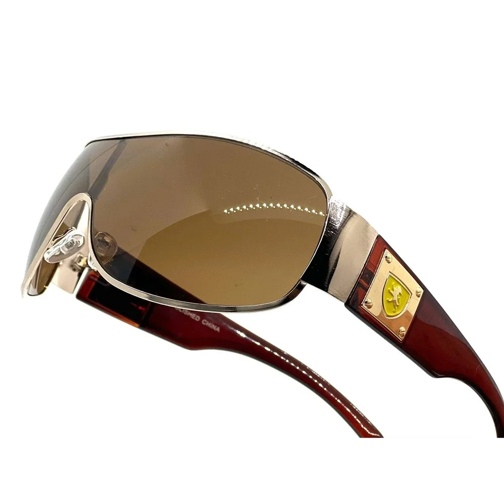 Block Curved One Piece Shield Sunglasses‎ Men's Flat Top Gold Frame Brown Lens